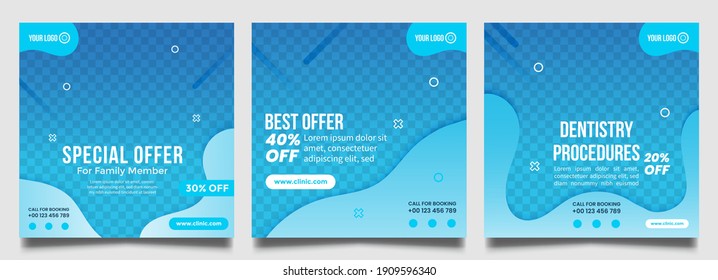 Dentist Social Media Post Templates. Medical Promotion Square Web Banner. Sale And Discount Background.