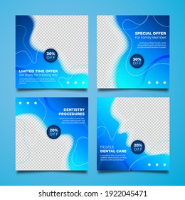 Dentist social media post templates. Medical promotion square web banner. Special offer banner. Sale and discount backgrounds. Vector illustration.