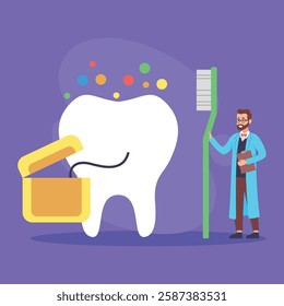 Dentist standing beside large tooth, holding toothbrush and dental kit. Awareness of oral hygiene practices concept