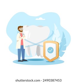 Dentist standing near big tooth and shield presenting dental care and teeth protection insurance