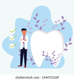 The dentist stands in vector form. Sparkling gums and also flowers. Vector flat illustration 