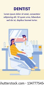 Dentist, Stomatologist Vector Flyer with Text. Patient in Dental Clinic. Hospital, Clinic. Woman on Chair in Dental Office. Appointment. Close Up Teeth on Screen. Male Doctor in Face Mask
