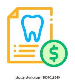 Dentist Stomatology List Vector Thin Line Icon. Tooth On Paper List And Dollar Coin, Tool And Device Linear Pictogram. Chairside Assistance Dental Health Service Contour Illustration