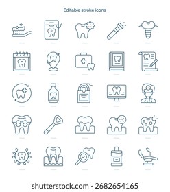 Icono de trazo de dentista. Conjunto de iconos de línea de dentista. paquete de iconos de trazo editable