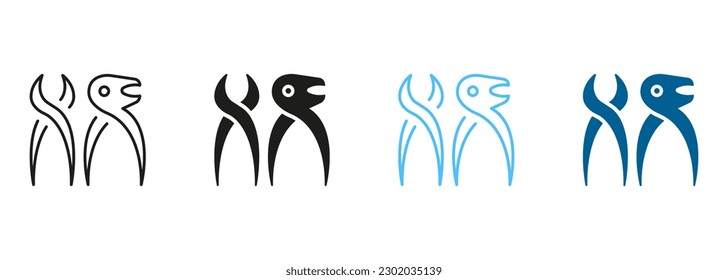 Dentist Surgeon Equipment. Tooth Pliers Silhouette and Line Icon Set. Dentistry Treatment Pictogram. Oral Medicine Black and Color Symbol. Dental Extraction Instrument. Isolated Vector Illustration.