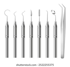 Ferramentas para cirurgia dentária. Ferramentas cirúrgicas dentárias de aço, acessórios ortodônticos estomatologia ou dentes de cirurgião equipamento de operação pinças pinças, odontologia swanky vetor ilustração autores gráficos