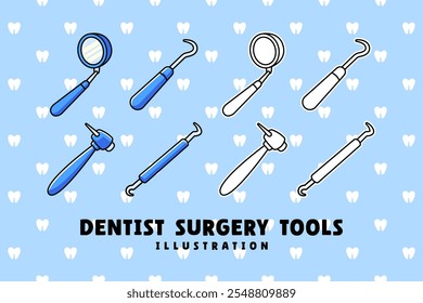 dentist surgery tools with spiegel, mouth mirror, sonde, probe, handpiece colorful and outline doodle vector illustration element design sets for dentistry, healthcare, medical, hospital, clinic