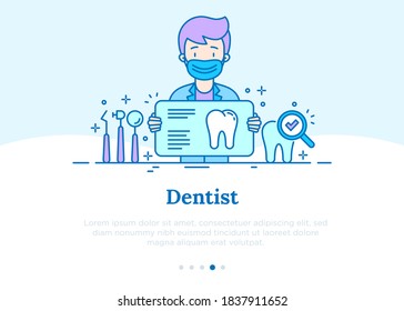 Dentist in surgical mask shows dental treatments. Thin line icons: dental instruments, caries under magnifier. Preventive dentistry. Vector illustration, template witn copy space.