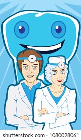 Dentist surrounded by teeth, illustrated poster