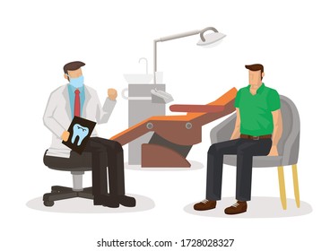 Dentist Talking With Patient With A X Ray In Dentist Office. Dental Treatment Concept. Flat Vector Illustration