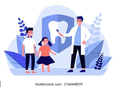 Dentist teaching kids to brush teeth. Children's orthodontist, flat clinic vector illustration. Awareness day, dental care concept for banner, website design or landing web page