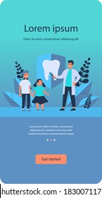 Dentist teaching kids to brush teeth. Children, orthodontist, clinic flat vector illustration. Awareness day, dental care concept for banner, website design or landing web page