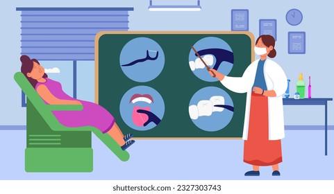 Dentist teaching woman to use floss vector illustration. Female patient learning dental hygiene rules on blackboard, having problems with teeth. Dental care, health concept