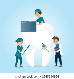 Dentist and team cleaning tooth as medical and health care concept - Vector