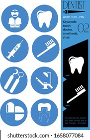 Dentist theme icons, 8 pieces, on a white background, in a blue circle, you can change the color at will, suitable for websites, stickers, emblems, icons, for various projects.