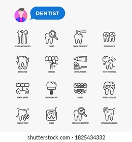 Dentist thin line icons set: dental instruments, caries under magnifier, orthodontics, tooth extraction, veneers, tooth whitening, implant, braces, calculus, ultrasonic cleaning. Vector illustration.