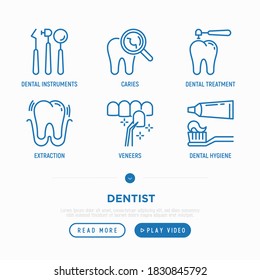 Dentist thin line icons set: dental instruments, caries under magnifier, orthodontics, tooth extraction, veneers, tooth whitening, implant, braces, calculus, ultrasonic cleaning. Vector illustration.