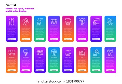 Dentist thin line icons set: dental instruments, caries under magnifier, orthodontics, tooth extraction, veneers, tooth whitening, implant, braces, calculus, ultrasonic cleaning. Vector illustration.