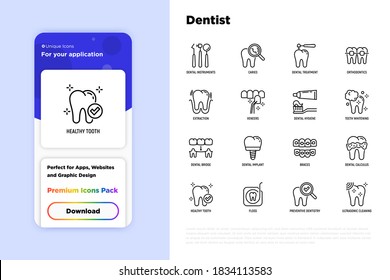 Dentist thin line icons set: dental instruments, caries under magnifier, orthodontics, tooth extraction, veneers, tooth whitening, implant, braces, calculus, ultrasonic cleaning. Vector illustration.