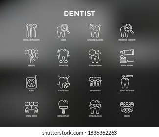 Dentist thin line icons set: dental instruments, caries under magnifier, orthodontics, tooth extraction, veneers, tooth whitening, implant, braces, calculus, ultrasonic cleaning. Vector illustration.