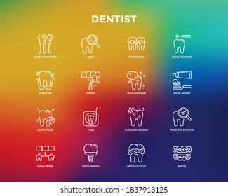 Dentist thin line icons set: dental instruments, caries under magnifier, orthodontics, tooth extraction, veneers, tooth whitening, implant, braces, calculus, ultrasonic cleaning. Vector illustration.