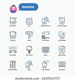 Juego de iconos de línea delgada para dentistas: instrumentos dentales, caries bajo lupa, ortodoncia, extracción dental, venenos, blanqueamiento dental, implante, llaves, cálculo, limpieza ultrasónica. Ilustración vectorial.