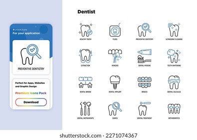 Dentist thin line icons set: dental instruments, caries under magnifier, orthodontics, tooth extraction, veneers, tooth whitening, implant, braces, calculus, ultrasonic cleaning. Vector illustration.