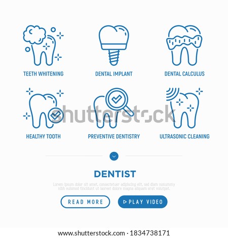 Dentist thin line icons set: caries under magnifier, teeth whitening, implant, calculus, ultrasonic cleaning. Vector illustration.