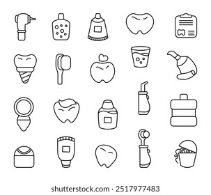 Kit de ferramentas para dentistas. Página de cores. Instrumento médico para cuidados dentários. Estilo desenhado à mão. Desenho vetorial. Coleção de elementos de design.
