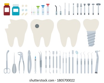 Dentist tool kit for dental treatment vector illustration in a flat design.