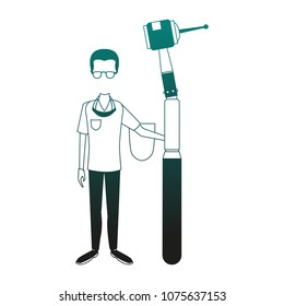 Dentist with tool on blue lines