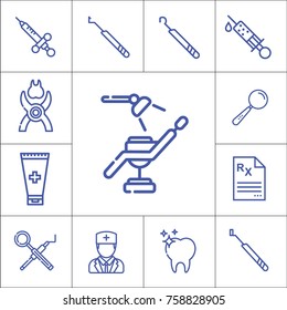 Dentist tools or accessories isolated flat linear vector icon set