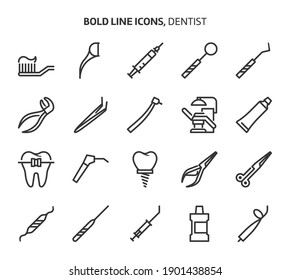 Dentist tools, bold line icons. The illustrations are a vector, editable stroke, 48x48 pixel perfect files. Crafted with precision and eye for quality.