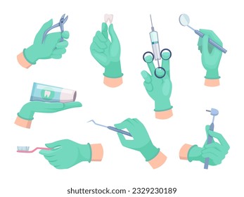 Dentist tools. Doctor holding in hands different medical instruments for oral care exact vector healthcare equipment