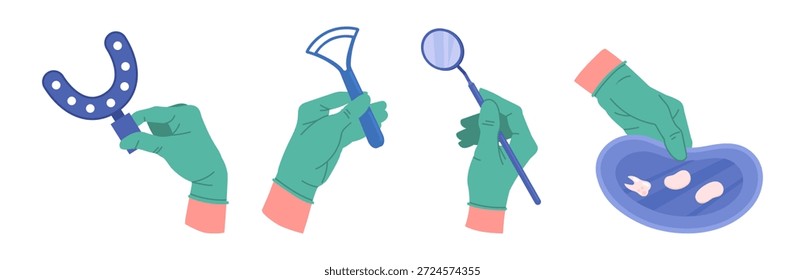 Herramientas de dentista en las palmas de los médicos. Manos del estomatólogo en guantes de goma que sostienen el equipo dental, manos que sostienen las herramientas del sistema plano de la Ilustración vectorial. Manos de dentista de dibujos animados