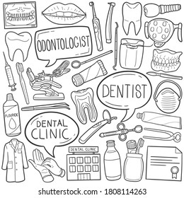 Dentist Tools doodle icon set. odontologist Vector illustration collection. Dental Clinic Hand drawn Line art style.