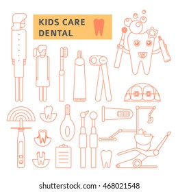 Dentist tools equipment and hygiene clinic dentist tools. Dentist tools instrument surgeon. Dental orthodontic accessory doctors. Kids care dental  concept vector illustration.