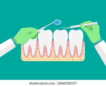 Dentist with tools examines teeth. Tooths icon with gum. Human teeth in flat style. Dental concept. Hygiene and oralcare. Vector illustration