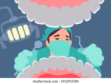 Dentist with tools in hands examines teeth. Patient mouth inside view checkup. Teeth examination dentistry concept. Vector hand drawn illustration in trendy flat style. 