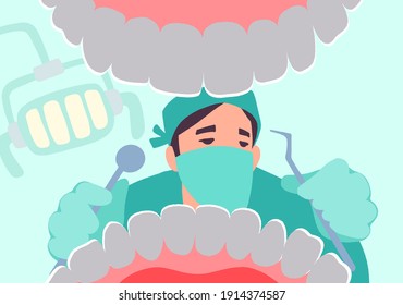 Dentist with tools in hands examines teeth. Patient mouth inside view checkup. Teeth examination dentistry concept. Vector hand drawn illustration in trendy flat style. 