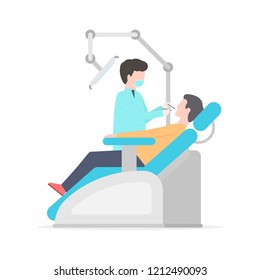 Dentist with tools in his hands  examining patient man teeth on the chair. Dental office. Vector illustration of flat design isolated on white background