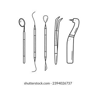 Dentist tools icons doodle. Vector illustration of elements of dentistry for the treatment and care of teeth.