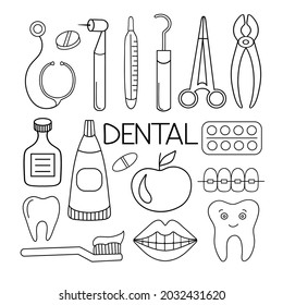 Icono de línea de herramientas de dentista, vector. Signo de esquema de servicios dentales, símbolo de concepto. Ilustración vectorial aislada en blanco.