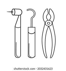 Icono de línea de herramientas de dentista, vector. Signo de esquema de servicios dentales, símbolo de concepto. Ilustración vectorial aislada en blanco.