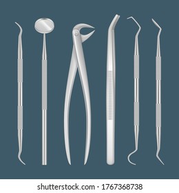 Dentist tools. Medical items for close up inspecting tooth hospital dental clinic professional hygiene in metal instruments vector realistic pictures