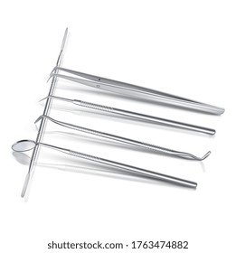 Dentist  tools on white surface with mirror image vector illustration