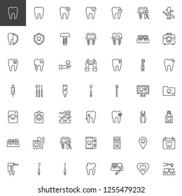 Dentist tools outline icons set. linear style symbols collection, line signs pack. vector graphics. Set includes icons as Human Tooth model, Implants, Caries, Dental Braces, Anesthesia, Tooth pliers