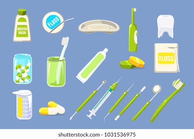 Dentist tools sett, dental care equipment, teeth dentistry vector Illustrations on a blue background