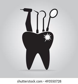 Dentist tools and tooth cavities icon, dental care icon illustration