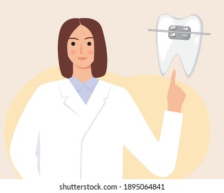 Dentist, tooth with braces isolated. Flat vector stock illustration. Concept of braces system, orthodontist services. Orthodological services, orthodontist. Illustration with dentist